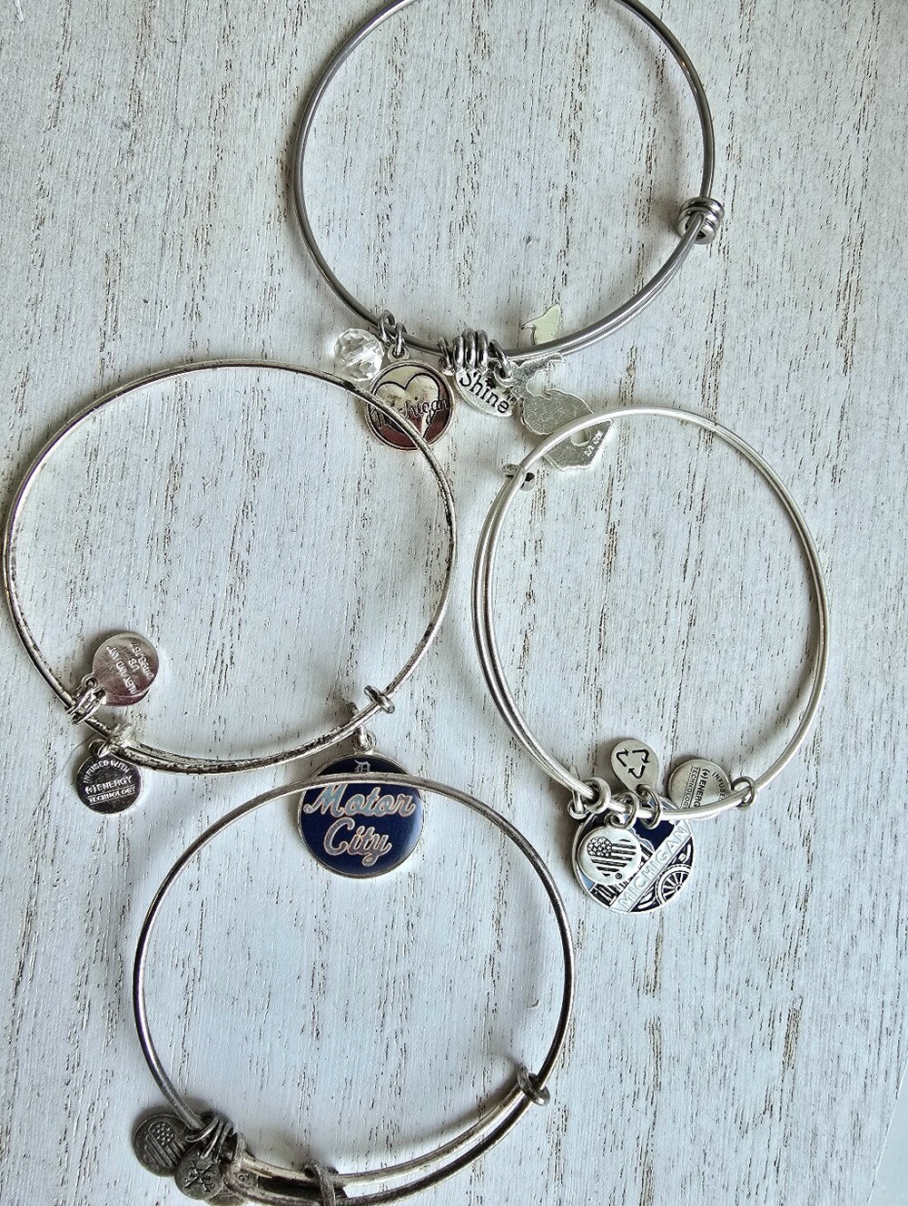 Alex and Ani Silver Charm Bangle Bracelet Set Navy Accents Michigan Bracelets